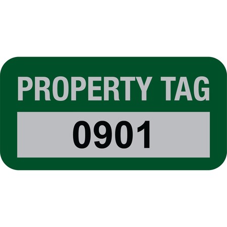 Lustre-Cal Property ID Label PROPERTY TAG5 Alum Green 1.50in x 0.75in Serialized 0901-1000, 100PK 253769Ma1G0901